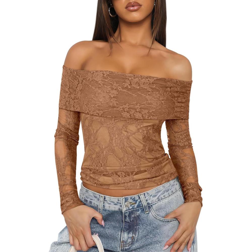 imageANRABESS Off Shoulder Tops for Women Mesh Long Sleeve Floral Lace Slim Fit Blouses Shirts 2025 Y2K Going Out Fall ClothesBrown Floral
