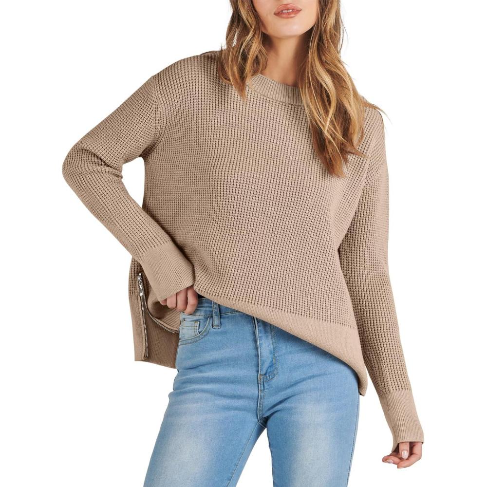 imageANRABESS Womens 2025 Fall Waffle Sweaters Long Sleeve Thumbhole Casual Knitted Side Zipper Pullover Sweaters TopKhaki