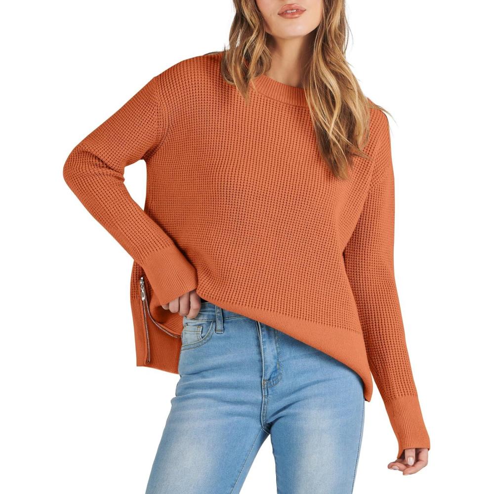 imageANRABESS Womens 2025 Fall Waffle Sweaters Long Sleeve Thumbhole Casual Knitted Side Zipper Pullover Sweaters TopRust