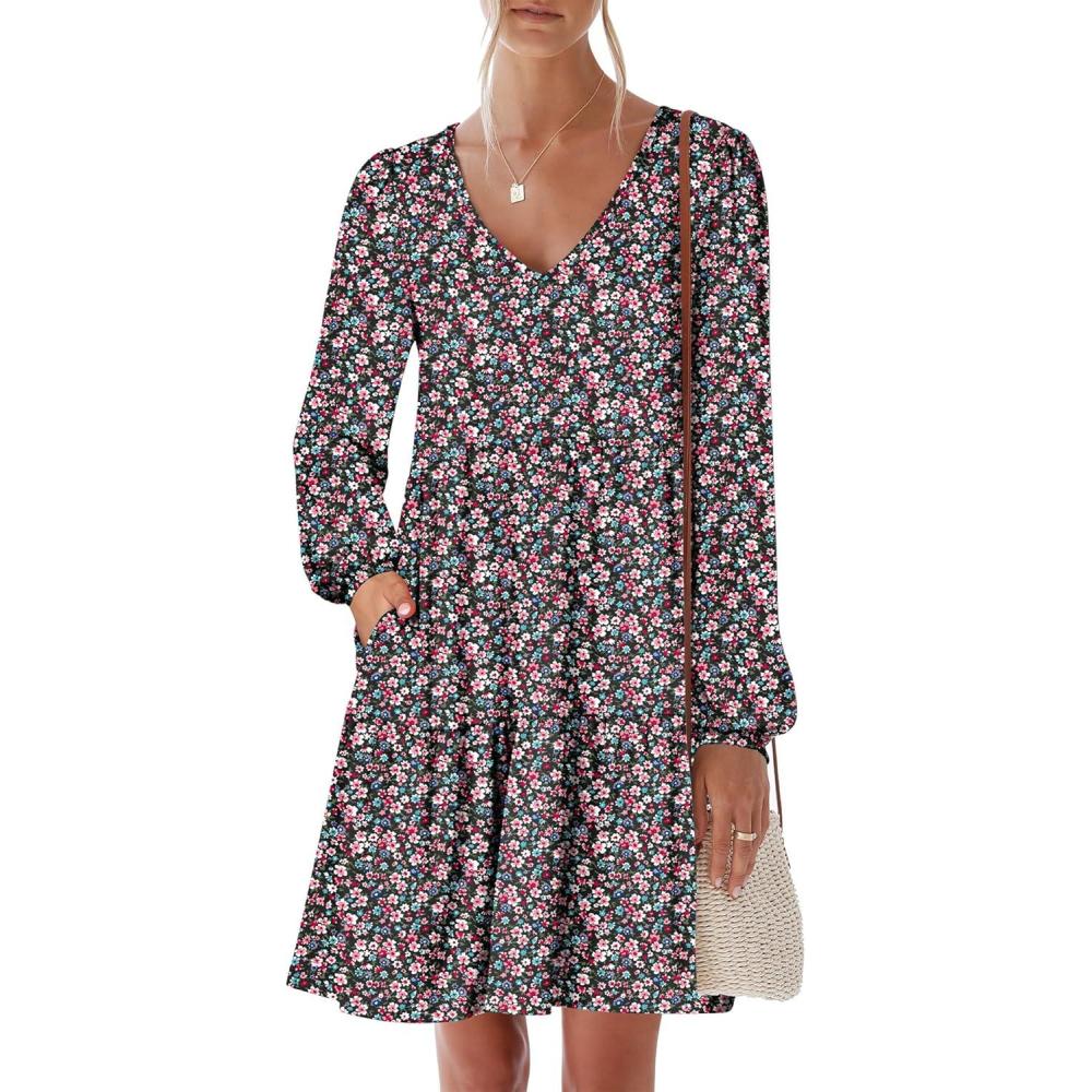 imageANRABESS Womens Long Sleeve Dress 2025 Fall Casual V Neck Tiered Flowy Short Dresses Beach Travel Vacation OutfitsPrint Floral Black