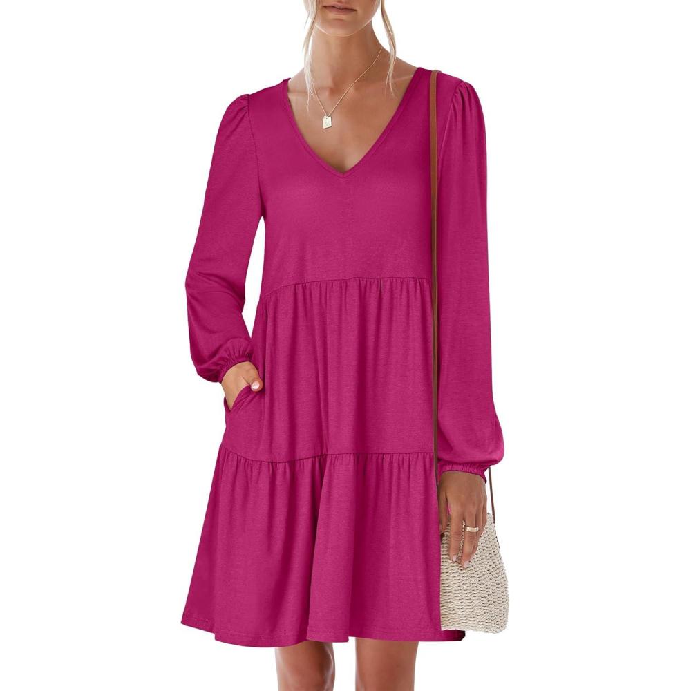 imageANRABESS Womens Long Sleeve Dress 2025 Fall Casual V Neck Tiered Flowy Short Dresses Beach Travel Vacation OutfitsRose