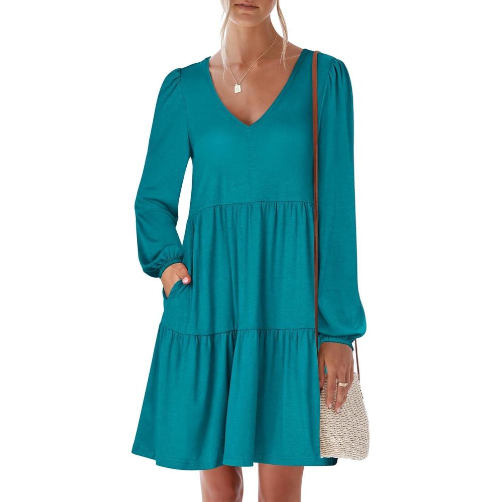 imageANRABESS Womens Long Sleeve Dress 2025 Fall Casual V Neck Tiered Flowy Short Dresses Beach Travel Vacation OutfitsTeal