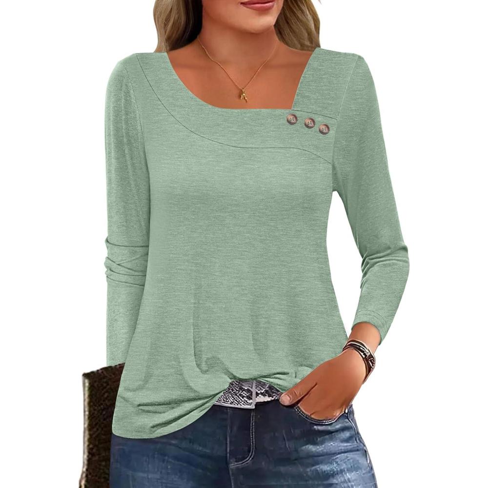 imageANRABESS Womens Long Sleeve Tops Asymmetrical Buttons Neck Tunic Shirts Dressy Casual Blouse 2025 Fall OutfitsLight Green