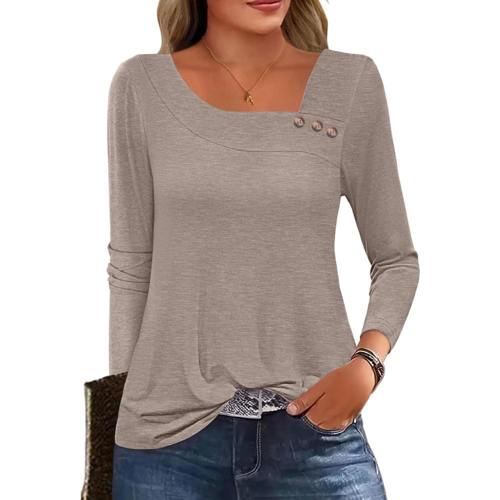 imageANRABESS Womens Long Sleeve Tops Asymmetrical Buttons Neck Tunic Shirts Dressy Casual Blouse 2025 Fall OutfitsLight Khaki