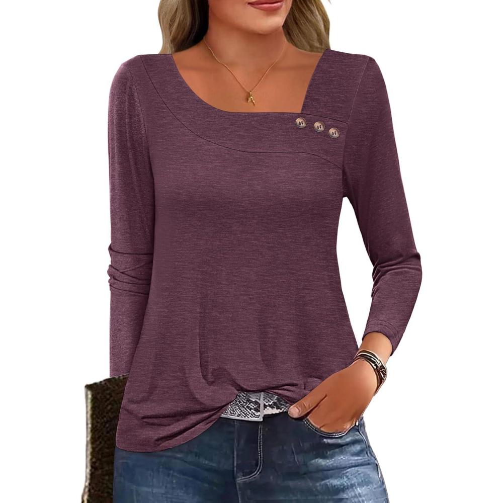 imageANRABESS Womens Long Sleeve Tops Asymmetrical Buttons Neck Tunic Shirts Dressy Casual Blouse 2025 Fall OutfitsMaroon