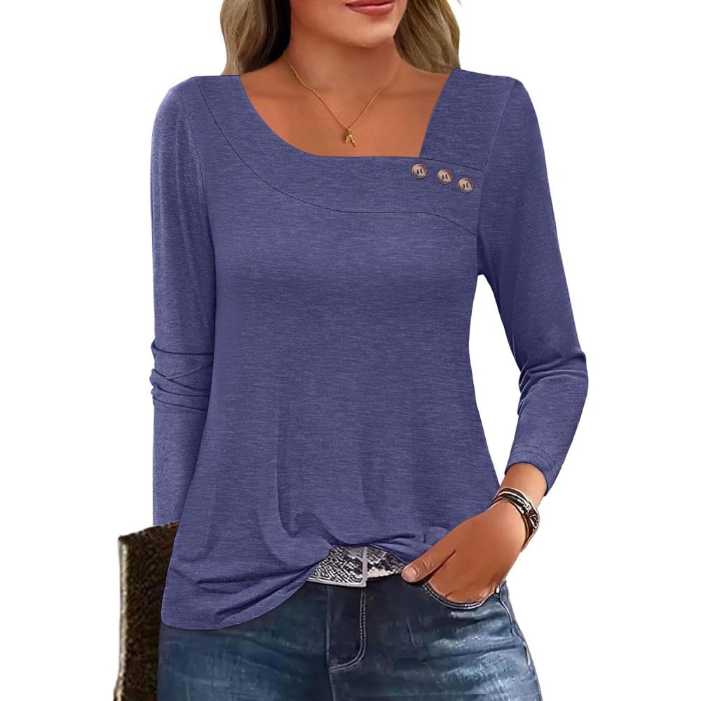 imageANRABESS Womens Long Sleeve Tops Asymmetrical Buttons Neck Tunic Shirts Dressy Casual Blouse 2025 Fall OutfitsNavy Blue