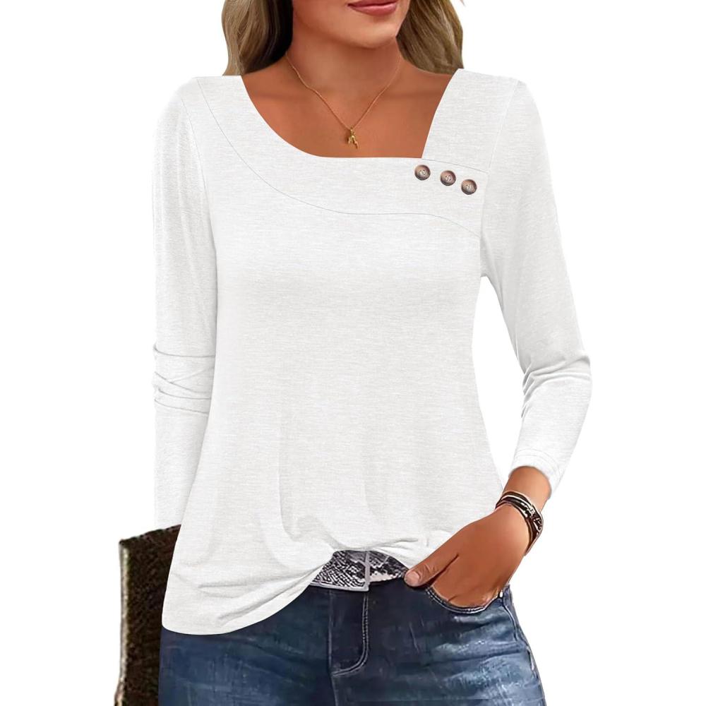 imageANRABESS Womens Long Sleeve Tops Asymmetrical Buttons Neck Tunic Shirts Dressy Casual Blouse 2025 Fall OutfitsWhite