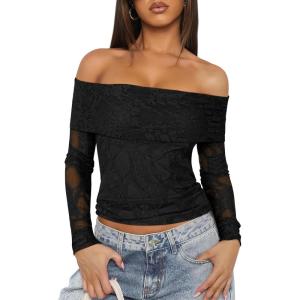 ANRABESS Off Shoulder Tops for Women Mesh Long Sleeve Floral Lace Slim Fit Blouses Shirts 2025 Y2K Going Out Fall Clothes(Black Floral)