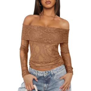 ANRABESS Off Shoulder Tops for Women Mesh Long Sleeve Floral Lace Slim Fit Blouses Shirts 2025 Y2K Going Out Fall Clothes(Brown Floral)