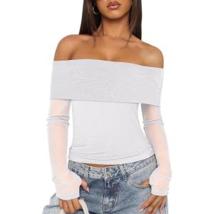 ANRABESS Off Shoulder Tops for Women Mesh Long Sleeve Floral Lace Slim Fit Blouses Shirts 2025 Y2K Going Out Fall Clothes(White)