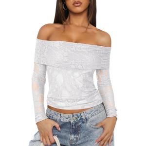 ANRABESS Off Shoulder Tops for Women Mesh Long Sleeve Floral Lace Slim Fit Blouses Shirts 2025 Y2K Going Out Fall Clothes(White Floral)
