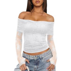 ANRABESS Off Shoulder Tops for Women Mesh Long Sleeve Floral Lace Slim Fit Blouses Shirts 2025 Y2K Going Out Fall Clothes(White Leaf)
