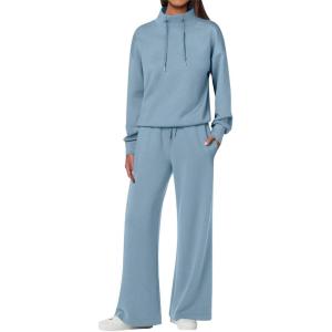 ANRABESS Womens 2 Piece Outfits Sweatsuit Set 2025 Fall Drawstring Sweatshirt Wide Leg Sweatpant Lounge Set Tracksuit(Light Blue)
