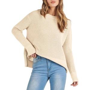 ANRABESS Womens 2025 Fall Waffle Sweaters Long Sleeve Thumbhole Casual Knitted Side Zipper Pullover Sweaters Top(Beige)