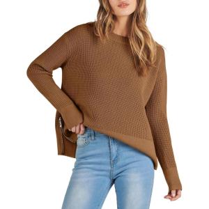 ANRABESS Womens 2025 Fall Waffle Sweaters Long Sleeve Thumbhole Casual Knitted Side Zipper Pullover Sweaters Top(Caramel)