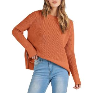 ANRABESS Womens 2025 Fall Waffle Sweaters Long Sleeve Thumbhole Casual Knitted Side Zipper Pullover Sweaters Top(Rust)
