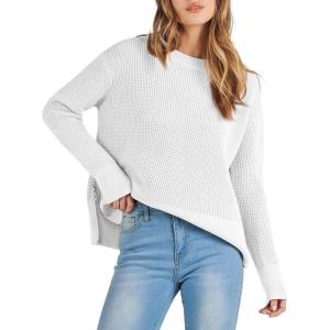 ANRABESS Womens 2025 Fall Waffle Sweaters Long Sleeve Thumbhole Casual Knitted Side Zipper Pullover Sweaters Top(White)