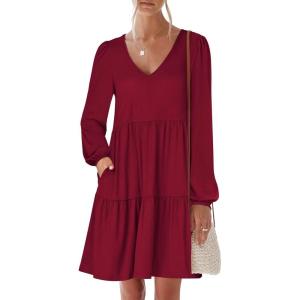 ANRABESS Womens Long Sleeve Dress 2025 Fall Casual V Neck Tiered Flowy Short Dresses Beach Travel Vacation Outfits(Burgundy)