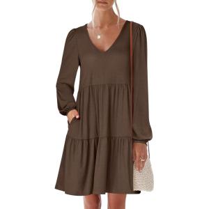 ANRABESS Womens Long Sleeve Dress 2025 Fall Casual V Neck Tiered Flowy Short Dresses Beach Travel Vacation Outfits(Coffee)