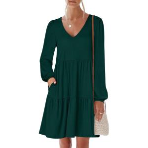 ANRABESS Womens Long Sleeve Dress 2025 Fall Casual V Neck Tiered Flowy Short Dresses Beach Travel Vacation Outfits(Deep Green)
