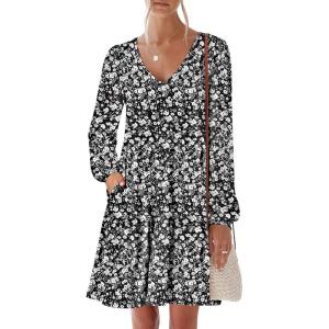ANRABESS Womens Long Sleeve Dress 2025 Fall Casual V Neck Tiered Flowy Short Dresses Beach Travel Vacation Outfits(Floral Black)