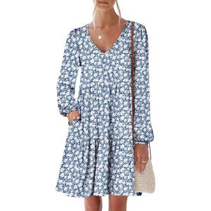 ANRABESS Womens Long Sleeve Dress 2025 Fall Casual V Neck Tiered Flowy Short Dresses Beach Travel Vacation Outfits(Floral Blue)
