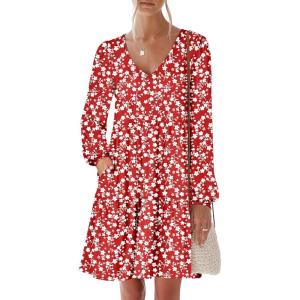 ANRABESS Womens Long Sleeve Dress 2025 Fall Casual V Neck Tiered Flowy Short Dresses Beach Travel Vacation Outfits(Floral Red)