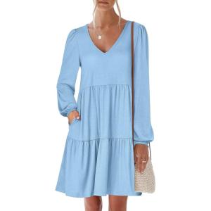ANRABESS Womens Long Sleeve Dress 2025 Fall Casual V Neck Tiered Flowy Short Dresses Beach Travel Vacation Outfits(Light Blue)