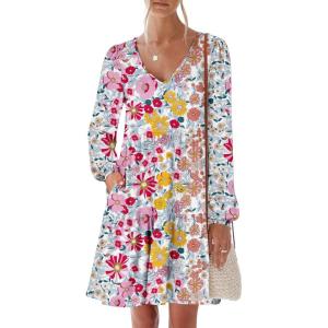 ANRABESS Womens Long Sleeve Dress 2025 Fall Casual V Neck Tiered Flowy Short Dresses Beach Travel Vacation Outfits(Print Floral)