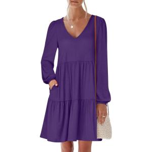 ANRABESS Womens Long Sleeve Dress 2025 Fall Casual V Neck Tiered Flowy Short Dresses Beach Travel Vacation Outfits(Purple)