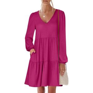ANRABESS Womens Long Sleeve Dress 2025 Fall Casual V Neck Tiered Flowy Short Dresses Beach Travel Vacation Outfits(Rose)