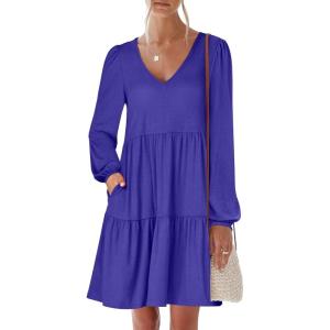 ANRABESS Womens Long Sleeve Dress 2025 Fall Casual V Neck Tiered Flowy Short Dresses Beach Travel Vacation Outfits(Royal Blue)