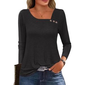ANRABESS Womens Long Sleeve Tops Asymmetrical Buttons Neck Tunic Shirts Dressy Casual Blouse 2025 Fall Outfits(Black)