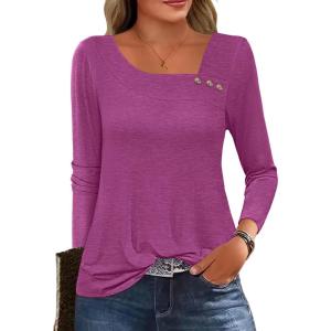 ANRABESS Womens Long Sleeve Tops Asymmetrical Buttons Neck Tunic Shirts Dressy Casual Blouse 2025 Fall Outfits(Fuchsia)
