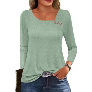 ANRABESS Womens Long Sleeve Tops Asymmetrical Buttons Neck Tunic Shirts Dressy Casual Blouse 2025 Fall Outfits(Light Green)