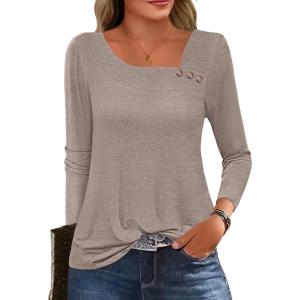 ANRABESS Womens Long Sleeve Tops Asymmetrical Buttons Neck Tunic Shirts Dressy Casual Blouse 2025 Fall Outfits(Light Khaki)