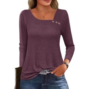 ANRABESS Womens Long Sleeve Tops Asymmetrical Buttons Neck Tunic Shirts Dressy Casual Blouse 2025 Fall Outfits(Maroon)