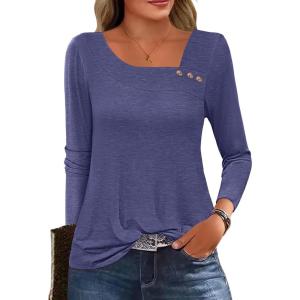 ANRABESS Womens Long Sleeve Tops Asymmetrical Buttons Neck Tunic Shirts Dressy Casual Blouse 2025 Fall Outfits(Navy Blue)