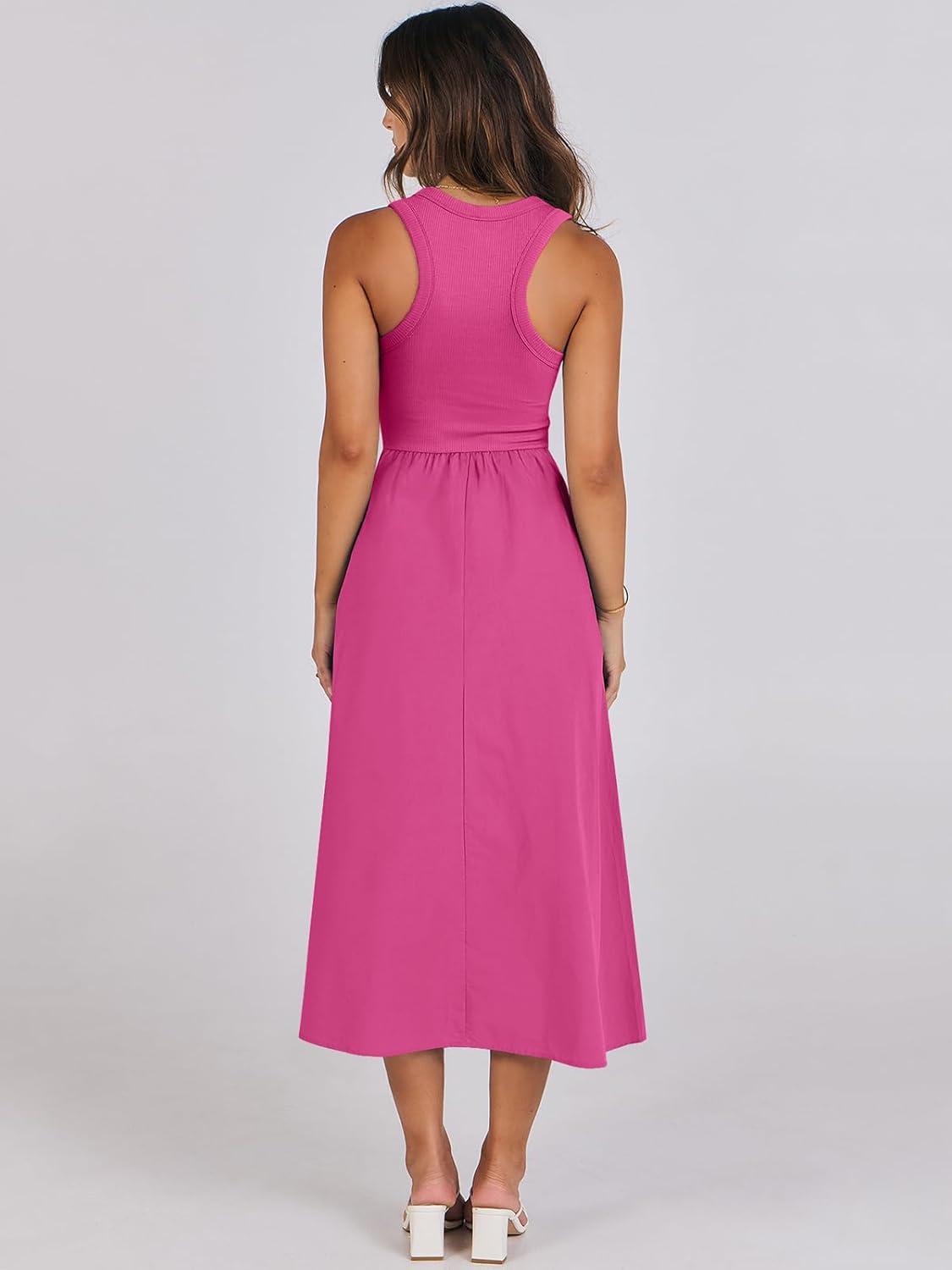 imageANRABESS Womens 2025 Summer Casual Maxi Dress A line Tiered Flowy Short Sleeve Crewneck T Shirt Beach Travel Long DressesHot Pink