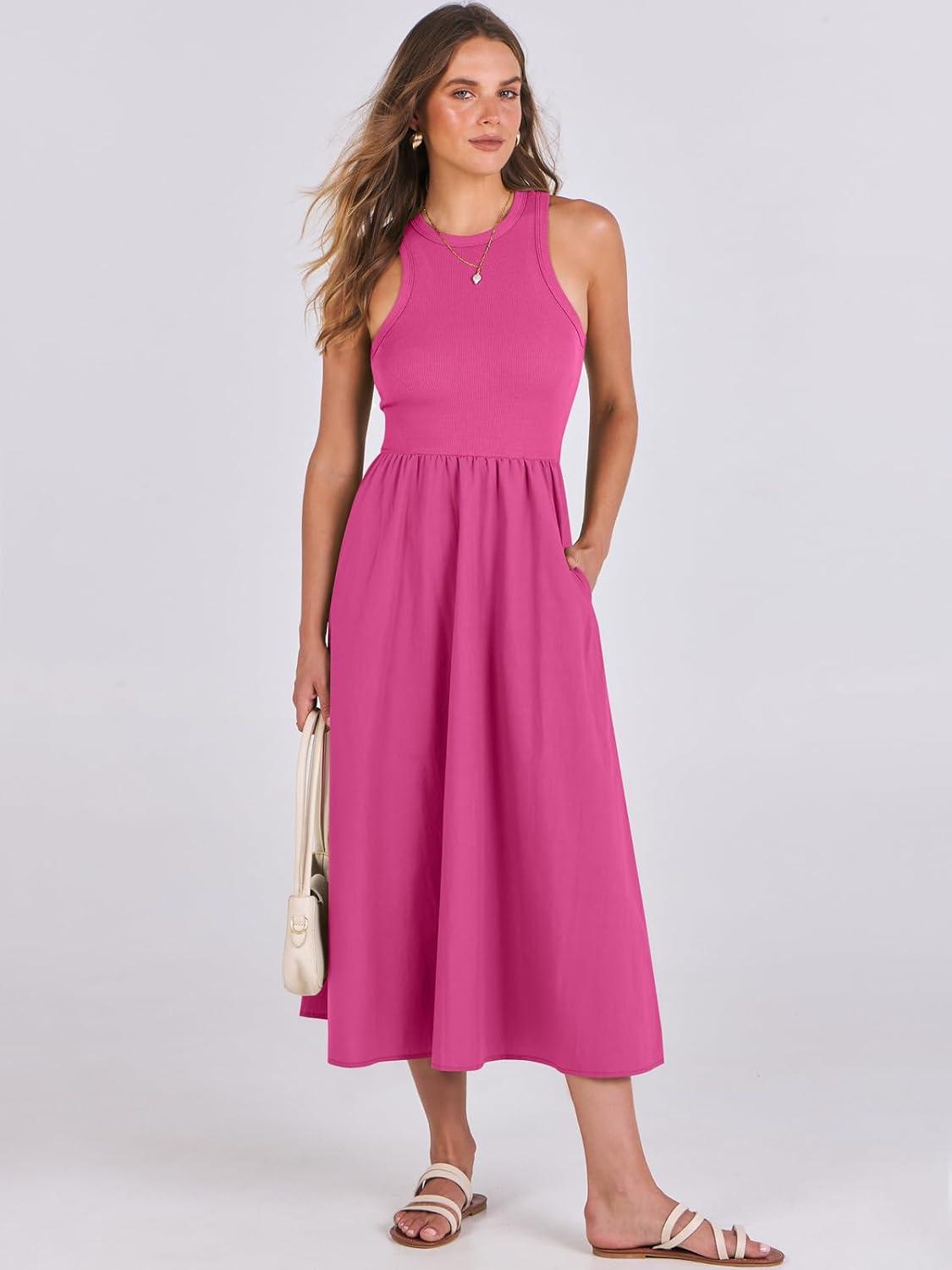 imageANRABESS Womens 2025 Summer Casual Maxi Dress A line Tiered Flowy Short Sleeve Crewneck T Shirt Beach Travel Long DressesHot Pink