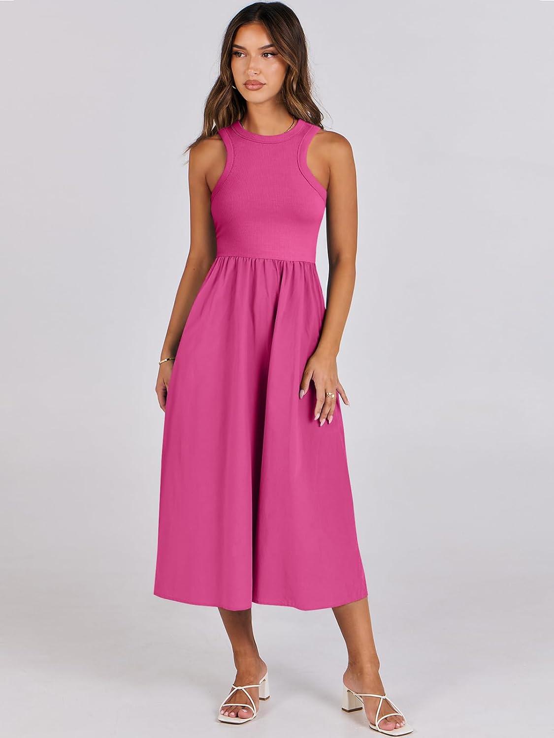 imageANRABESS Womens 2025 Summer Casual Maxi Dress A line Tiered Flowy Short Sleeve Crewneck T Shirt Beach Travel Long DressesHot Pink