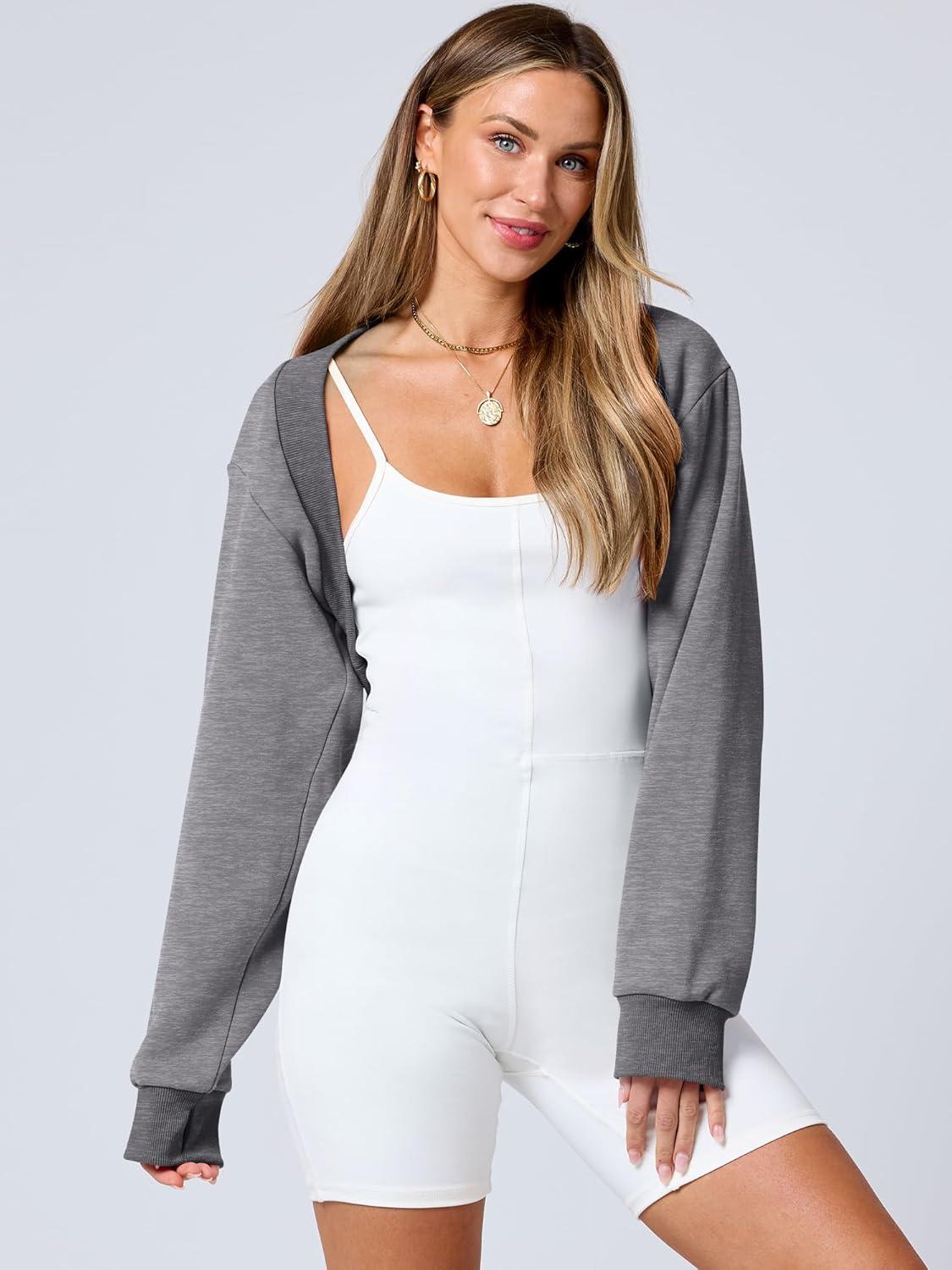 imageANRABESS Womens Cropped Sweatshirt Long Sleeve Bolero Cardigan Open Front Shrug Workout Thumb Hole Y2K Tops Preppy ClothesDeep Grey