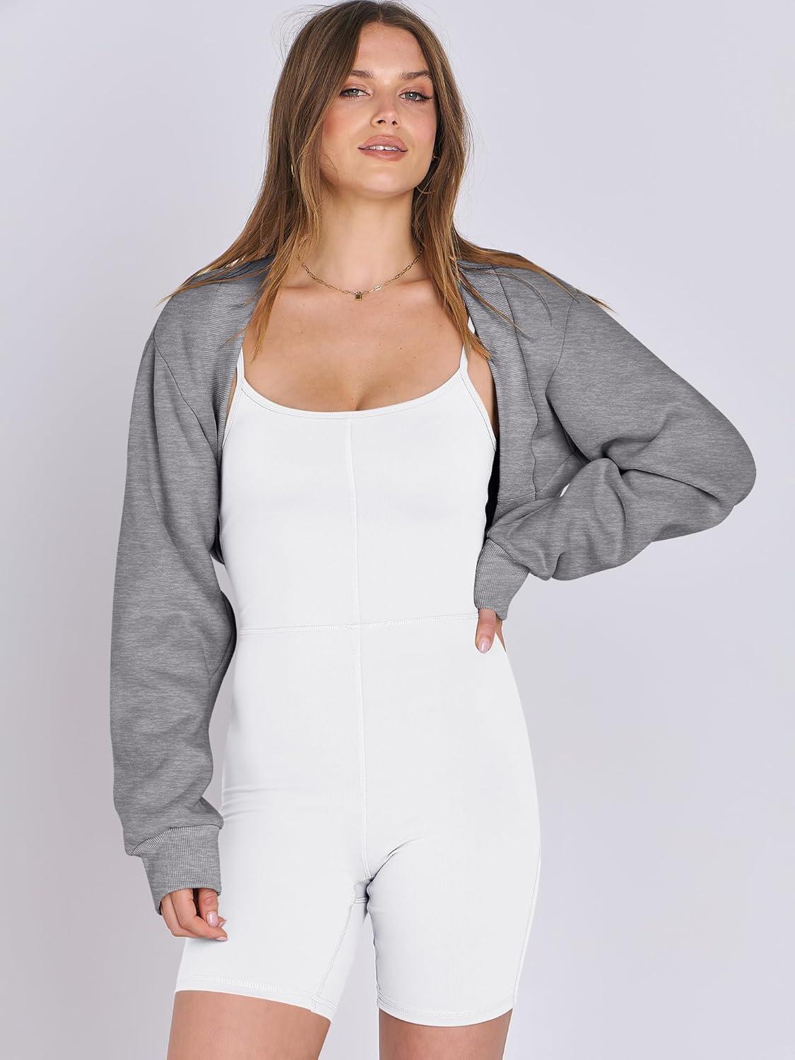 imageANRABESS Womens Cropped Sweatshirt Long Sleeve Bolero Cardigan Open Front Shrug Workout Thumb Hole Y2K Tops Preppy ClothesDeep Grey