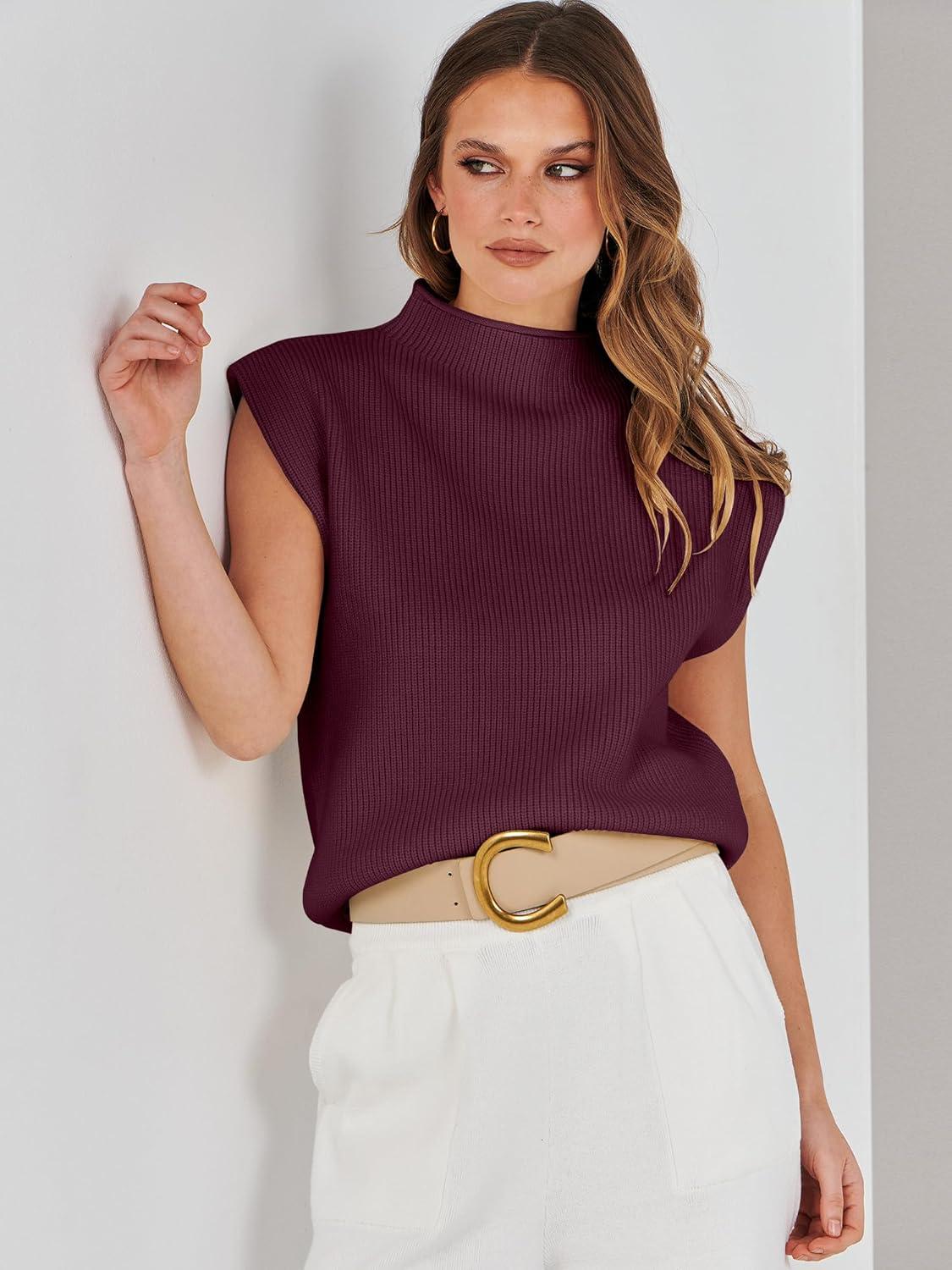imageANRABESS Womens Mock Neck Sleeveless Sweater Vest Casual Cap Sleeve Knit Pullover Tank Tops 2025 Fall ClothesBurgundy