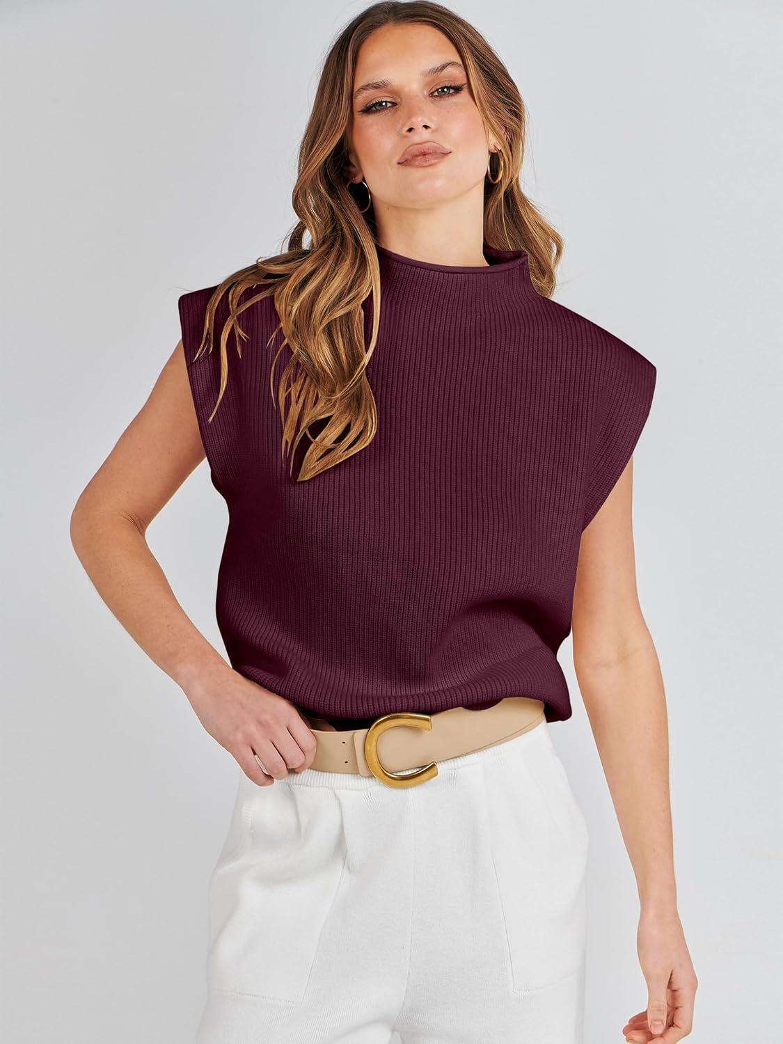 imageANRABESS Womens Mock Neck Sleeveless Sweater Vest Casual Cap Sleeve Knit Pullover Tank Tops 2025 Fall ClothesBurgundy