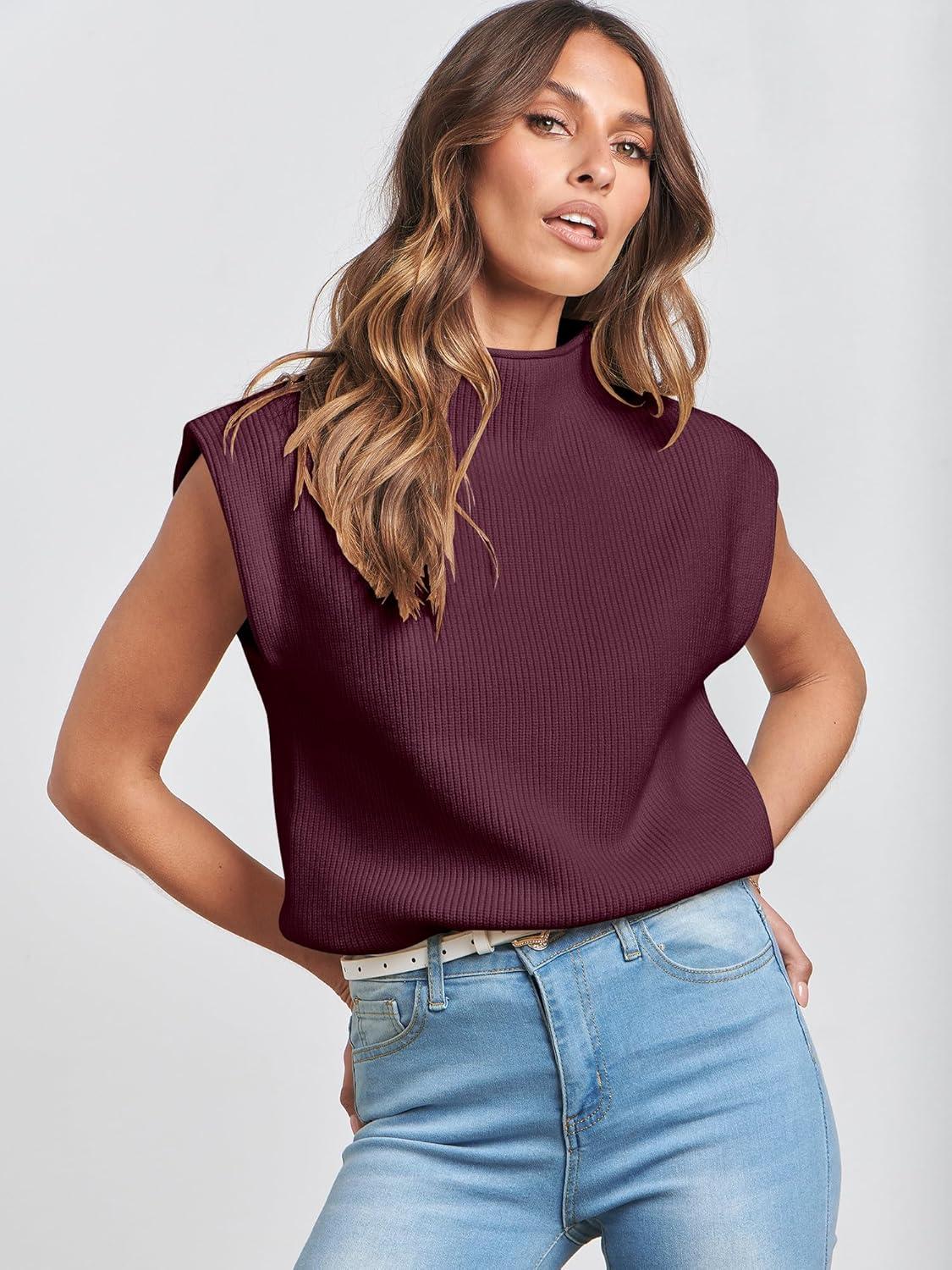imageANRABESS Womens Mock Neck Sleeveless Sweater Vest Casual Cap Sleeve Knit Pullover Tank Tops 2025 Fall ClothesBurgundy