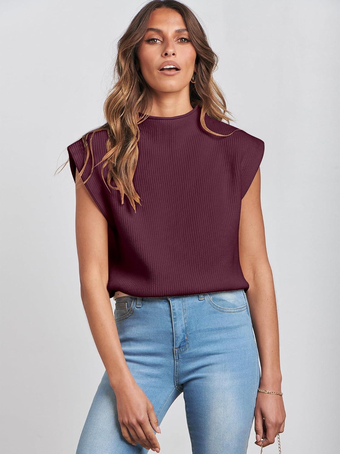 imageANRABESS Womens Mock Neck Sleeveless Sweater Vest Casual Cap Sleeve Knit Pullover Tank Tops 2025 Fall ClothesBurgundy