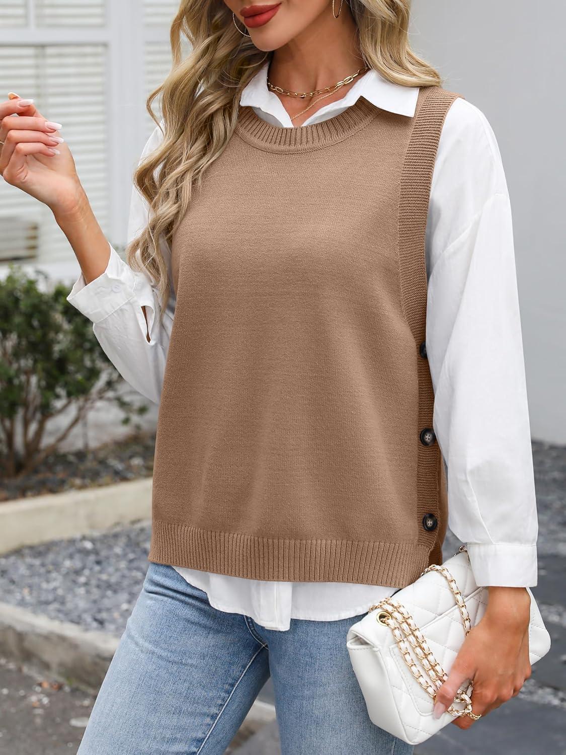 imageANRABESS Womens Sweater Vest Summer Sleeveless Crewneck Ribbed Knit Side Button Loose Pullover Tank Tops 2025 Fall OutfitsBrown
