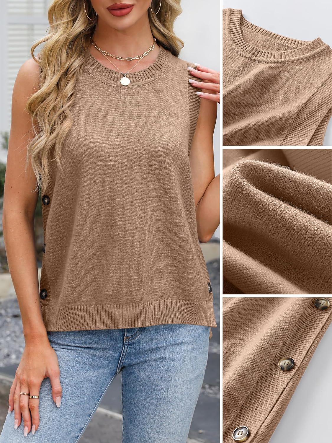 imageANRABESS Womens Sweater Vest Summer Sleeveless Crewneck Ribbed Knit Side Button Loose Pullover Tank Tops 2025 Fall OutfitsBrown