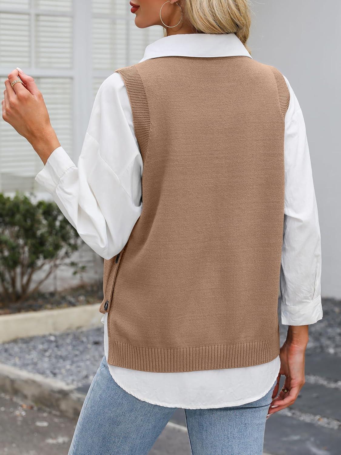 imageANRABESS Womens Sweater Vest Summer Sleeveless Crewneck Ribbed Knit Side Button Loose Pullover Tank Tops 2025 Fall OutfitsBrown